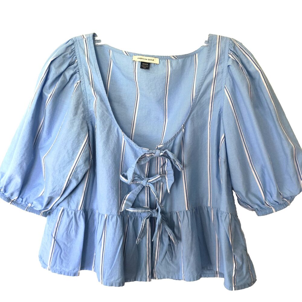 American Eagle Top Womens M Blue Stripe Peasant Babydoll Y2K Nautical Peplum Bow